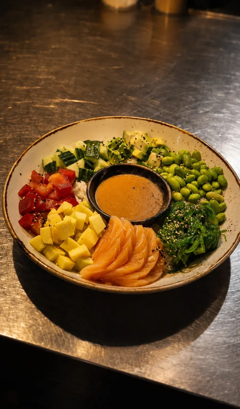 Lunch bei MO: Bowl mit Lachs, Edamame, Avocado und Wakame